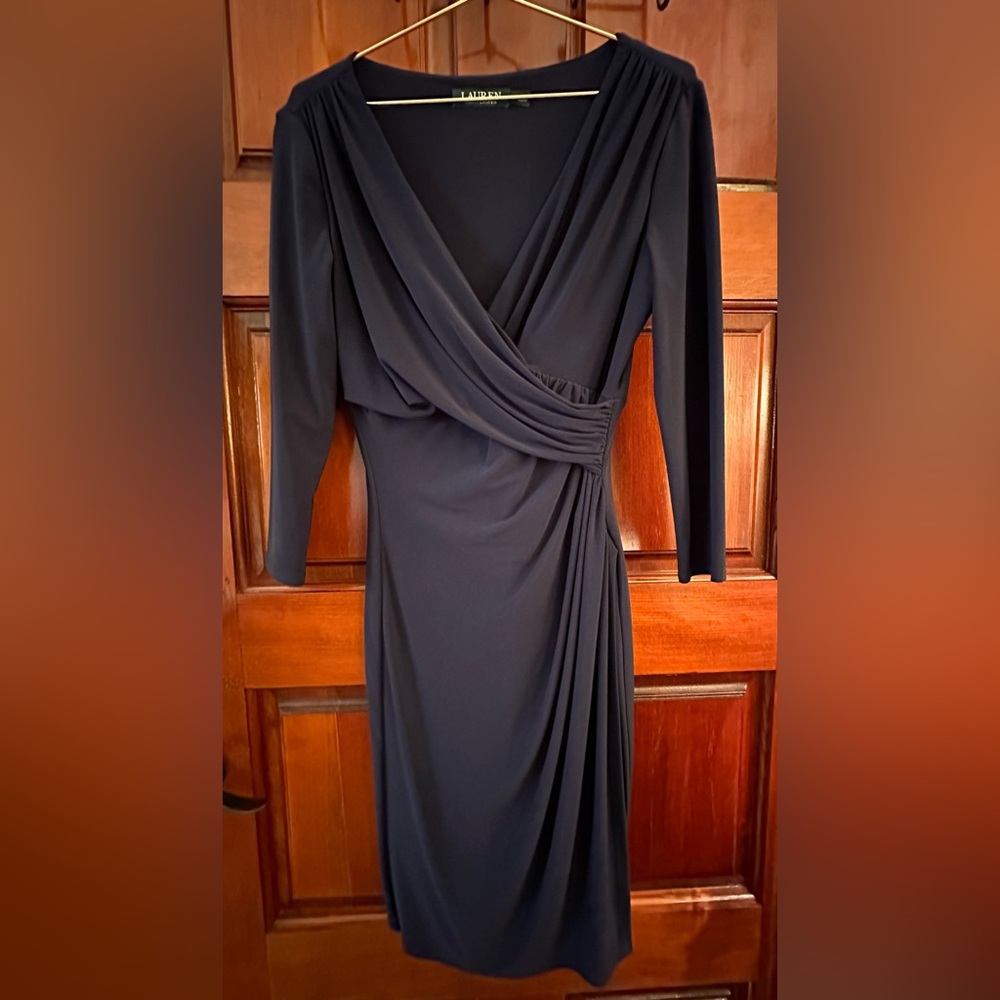 LRL Ralph Lauren Jersey Surplice Dress Pleating at Bodice Size 6 Navy Blue